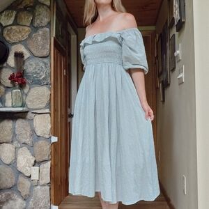 Blue Smocked Midi Dress Puff Sleeves